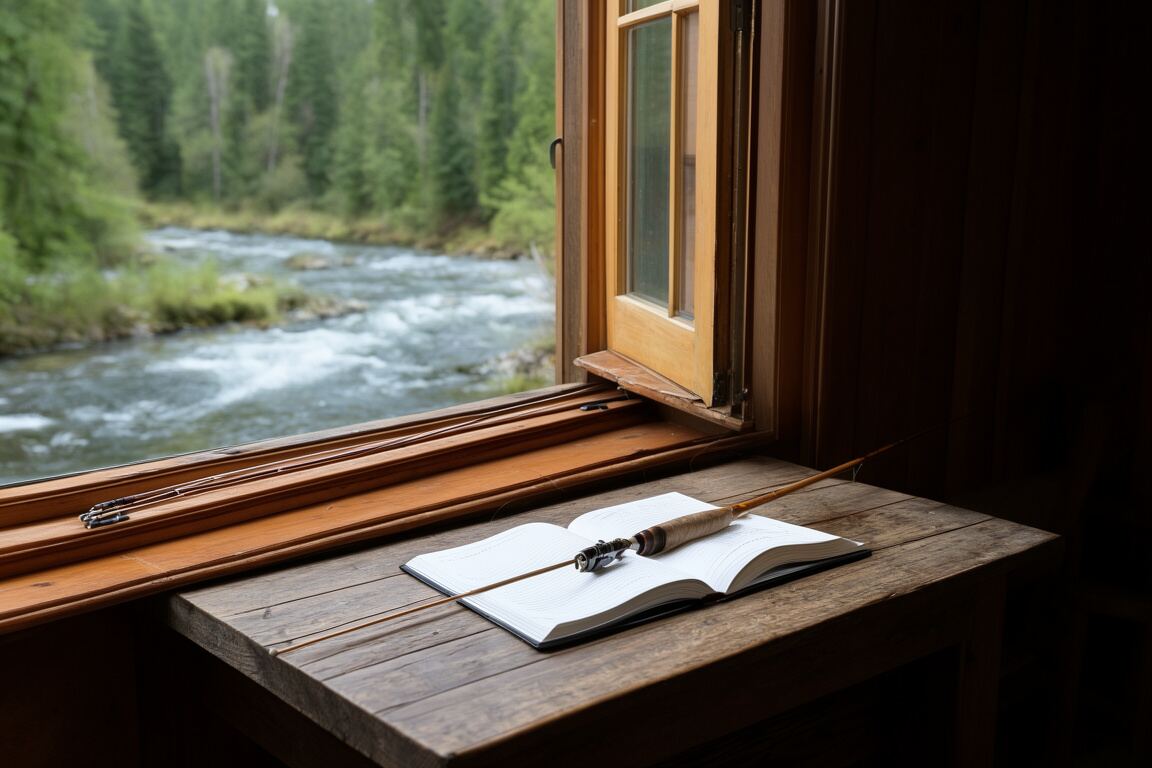 A clear river seam curling around dark stones beneath a soft morning sky, prepared for the about Riffle Notes field note