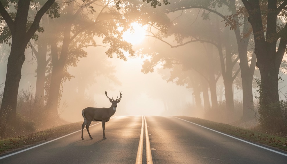 A deer standing at the edge of a rural two-lane road at dawn with mist between the trees