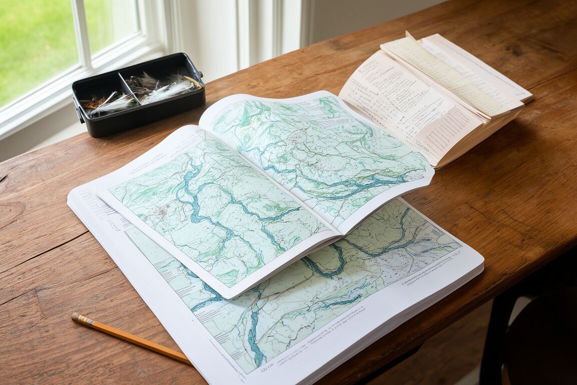 A clear river seam curling around dark stones beneath a soft morning sky, prepared for the editorial policy field note