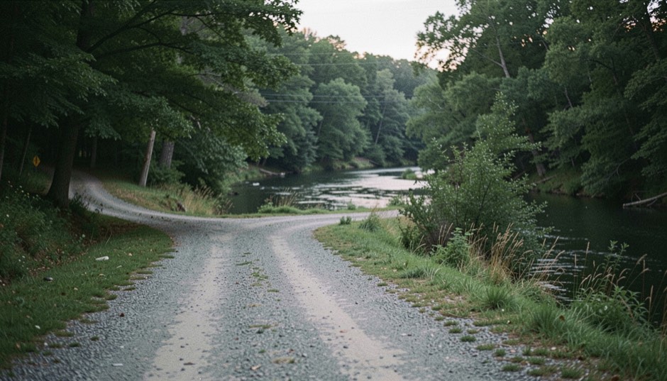 A quiet gravel access road leading toward a wooded river bend at low light, prepared for the fly fishing access field note