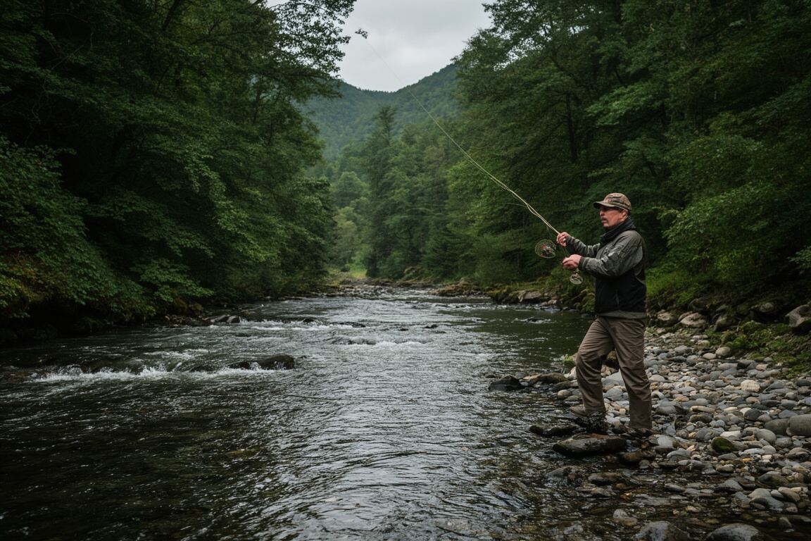 A fly line drawing a clean loop above a shaded run and pale gravel edge, prepared for the fly fishing casting field note