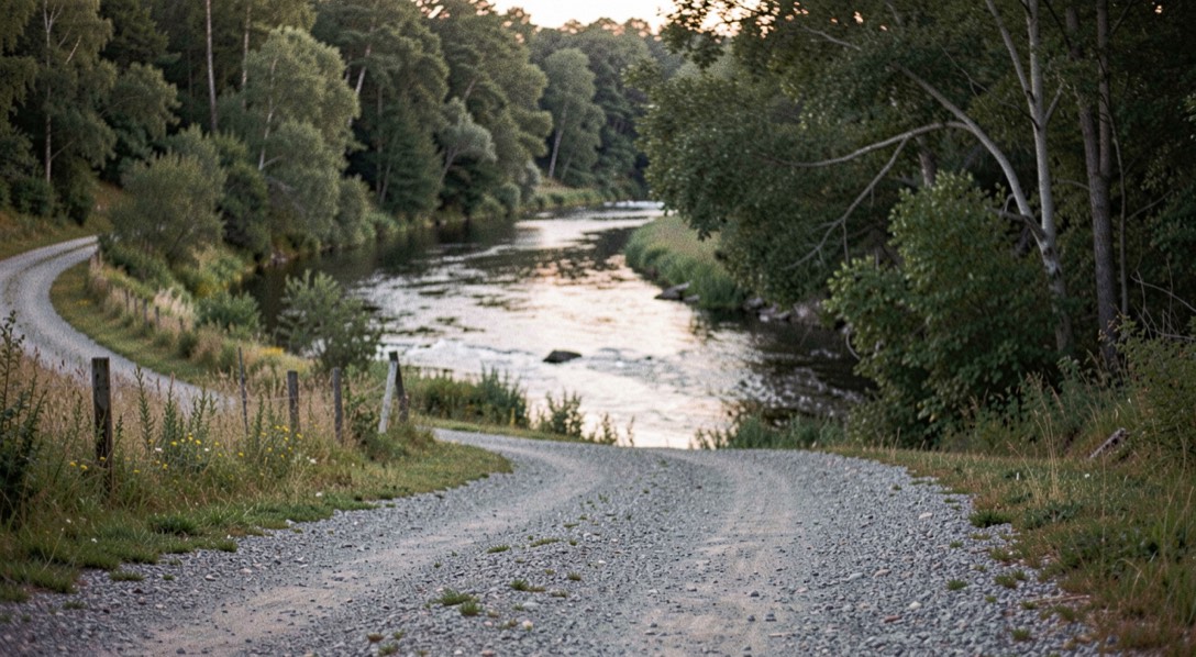 A quiet gravel access road leading toward a wooded river bend at low light, prepared for the fly fishing knots field note