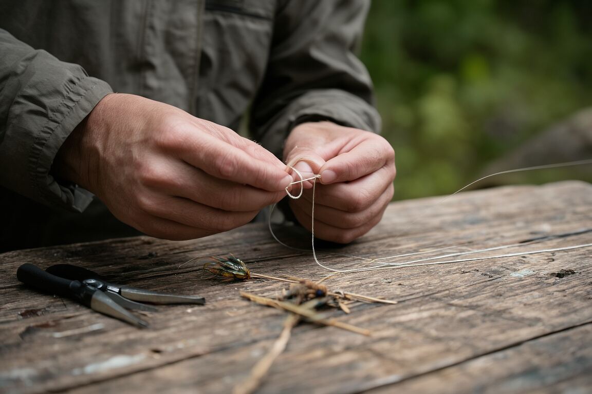 Thread, feathers, and a small hook arranged across a worn tying bench, prepared for the fly fishing knots field note