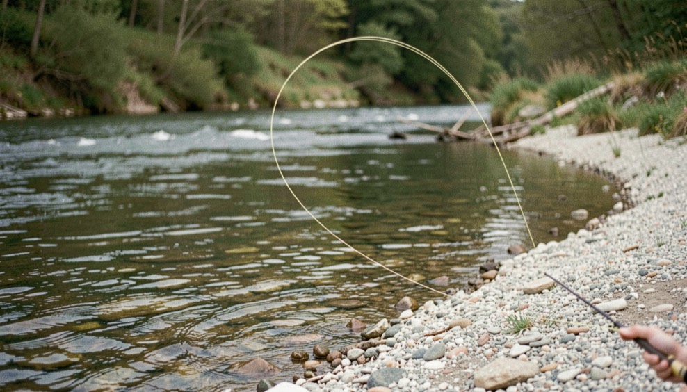 A fly line drawing a clean loop above a shaded run and pale gravel edge, prepared for the fly fishing methods field note