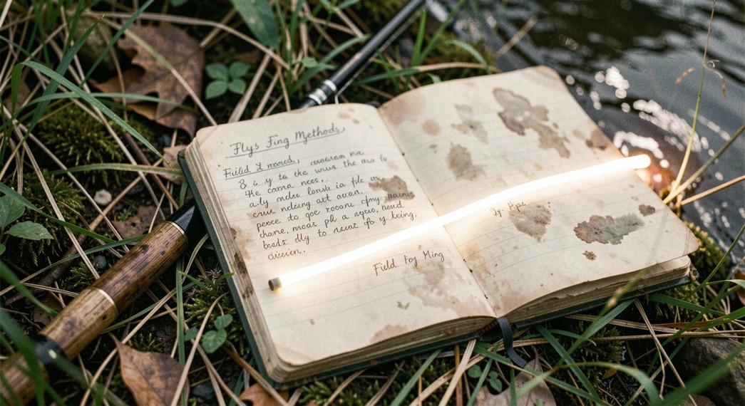 A weathered field notebook open beside a rod and a bright strip of current, prepared for the fly fishing methods field note