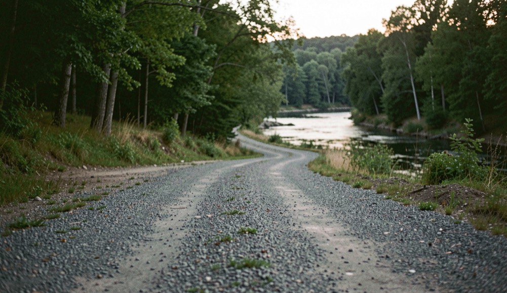 A quiet gravel access road leading toward a wooded river bend at low light, prepared for the fly fishing waders field note
