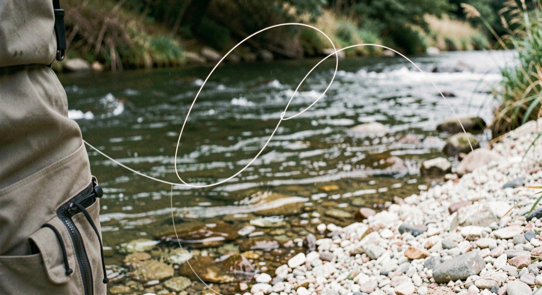 A fly line drawing a clean loop above a shaded run and pale gravel edge, prepared for the fly fishing waders field note