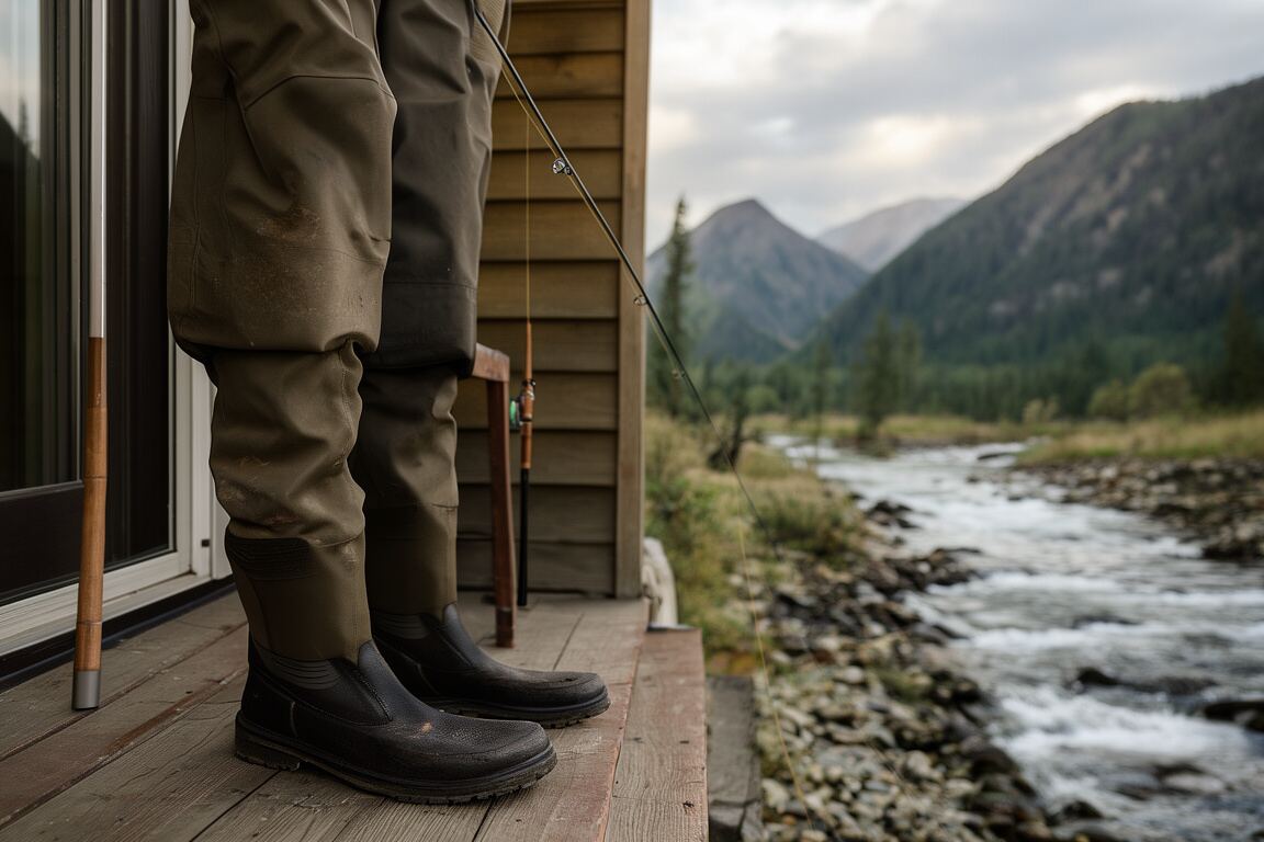 A weathered field notebook open beside a rod and a bright strip of current, prepared for the fly fishing waders field note