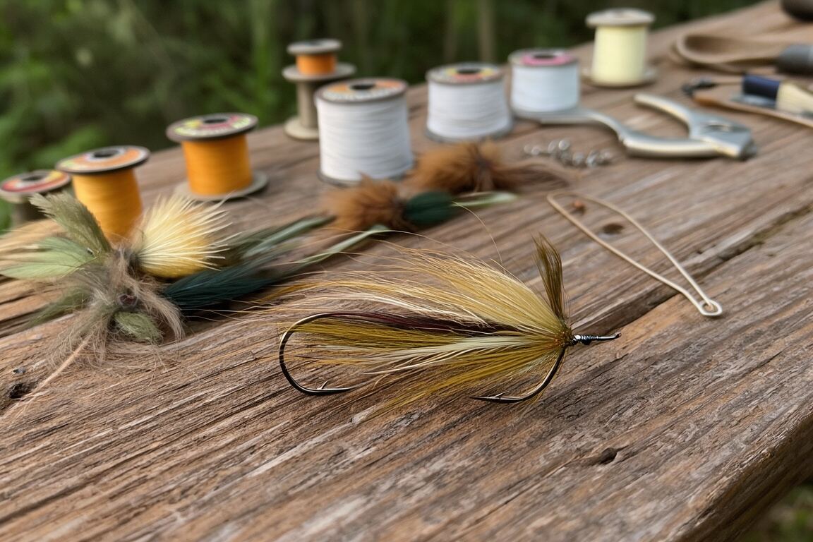 Thread, feathers, and a small hook arranged across a worn tying bench, prepared for the fly tying field note