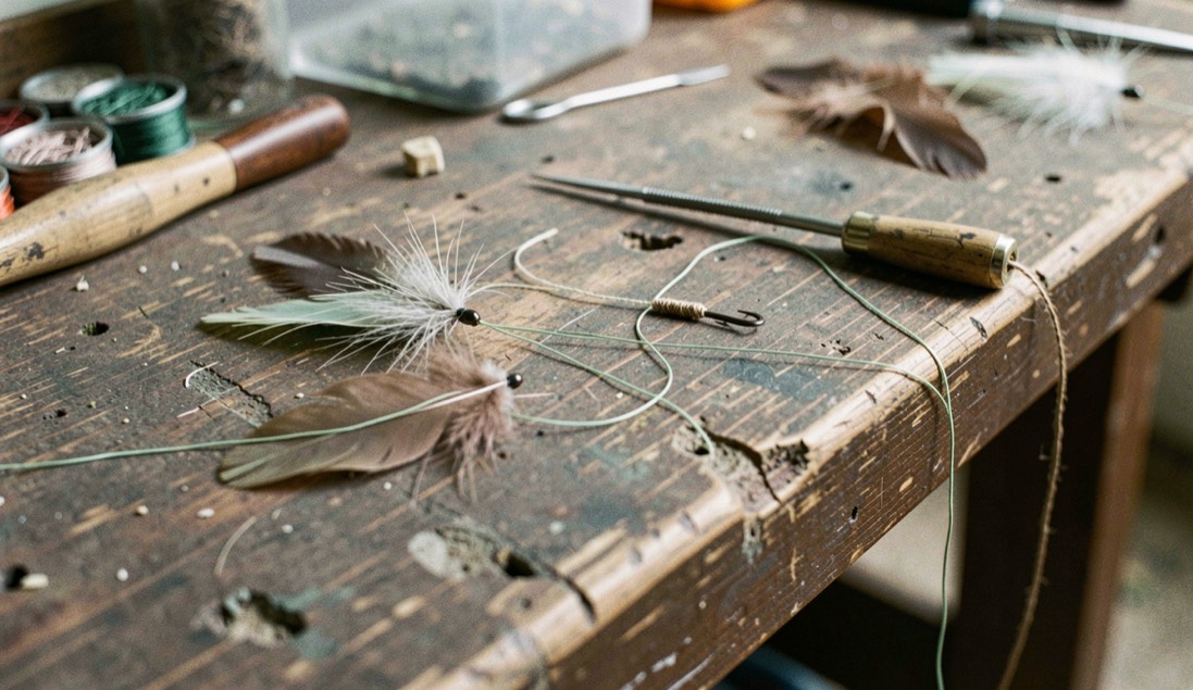 Thread, feathers, and a small hook arranged across a worn tying bench, prepared for the Georgia fly fishing field note
