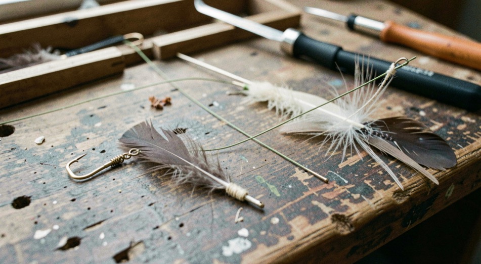 Thread, feathers, and a small hook arranged across a worn tying bench, prepared for the fly fishing field note