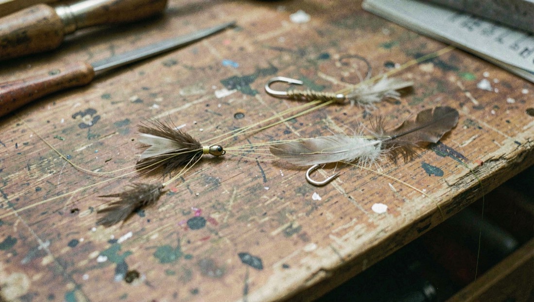 Thread, feathers, and a small hook arranged across a worn tying bench, prepared for the fly tying field note