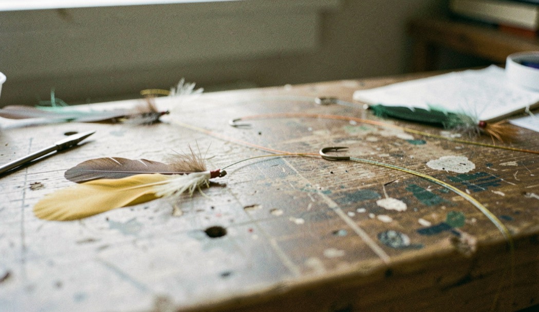 Thread, feathers, and a small hook arranged across a worn tying bench, prepared for the fly fishing gear field note