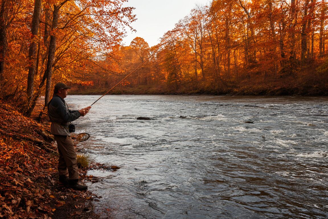 A clear river seam curling around dark stones beneath a soft morning sky, prepared for the Georgia fly fishing in fall field note