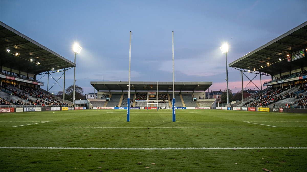 A rugby pitch in a city stadium at dusk, goalposts standing on the grass, four stands surrounding the field, floodlights beginning to glow, wide shot from the touchline.