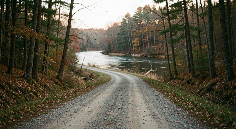 A quiet gravel access road leading toward a wooded river bend at low light, prepared for the Toccoa River conservation field note