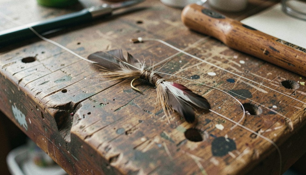 Wading boots, a rod tube, and a compact pack resting beside moving water, prepared for the shad fly pattern field note