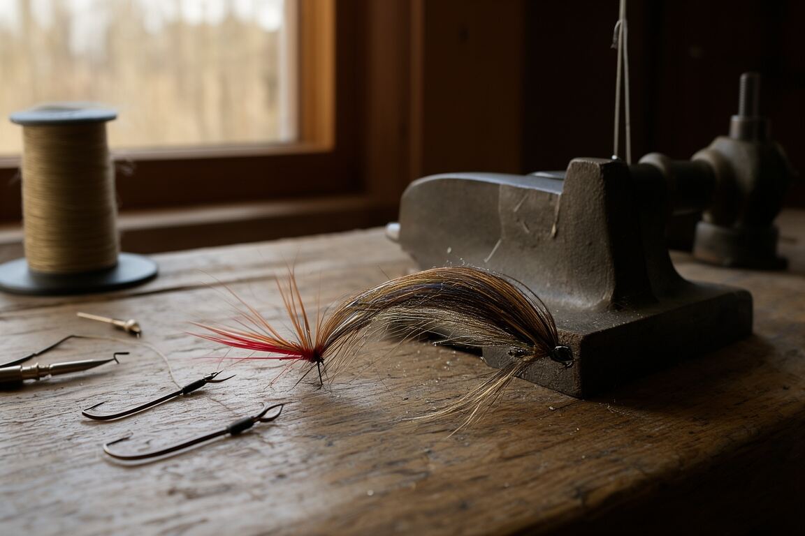 A quiet gravel access road leading toward a wooded river bend at low light, prepared for the shad fly pattern field note