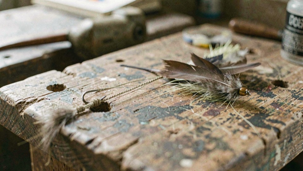 Thread, feathers, and a small hook arranged across a worn tying bench, prepared for the fly fishing wading boots field note