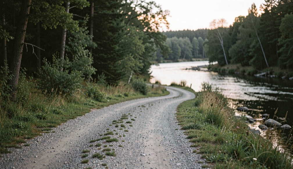 A quiet gravel access road leading toward a wooded river bend at low light, prepared for the fly fishing wading boots field note
