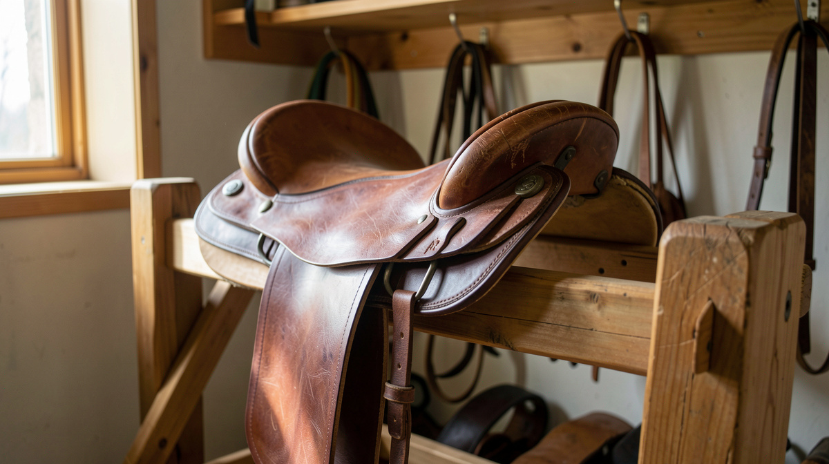 A leather saddle resting on a wooden rack in a tack room, morning light through a small window, close framing on the stirrup and worn leather.