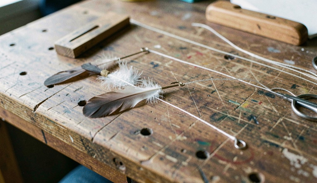 Thread, feathers, and a small hook arranged across a worn tying bench, prepared for the how to read a river field note