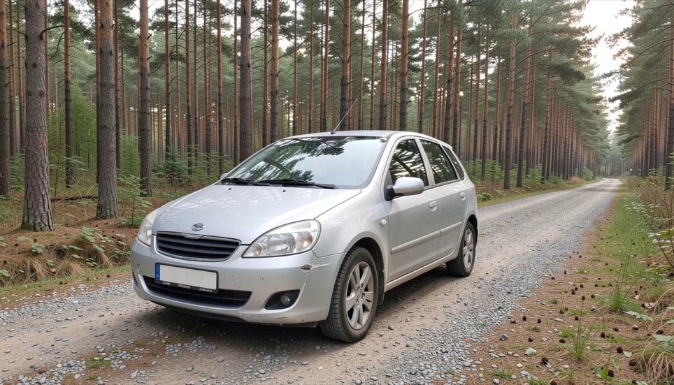 A silver hatchback with a light scrape along its bumper parked on a gravel forest road bordered by pines