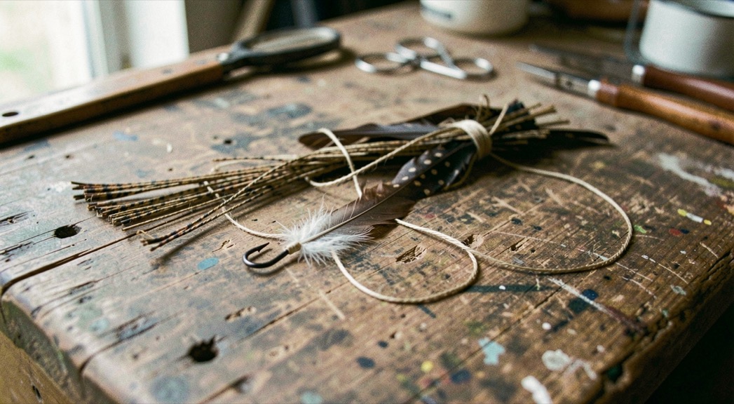 Thread, feathers, and a small hook arranged across a worn tying bench, prepared for the river conservation field note