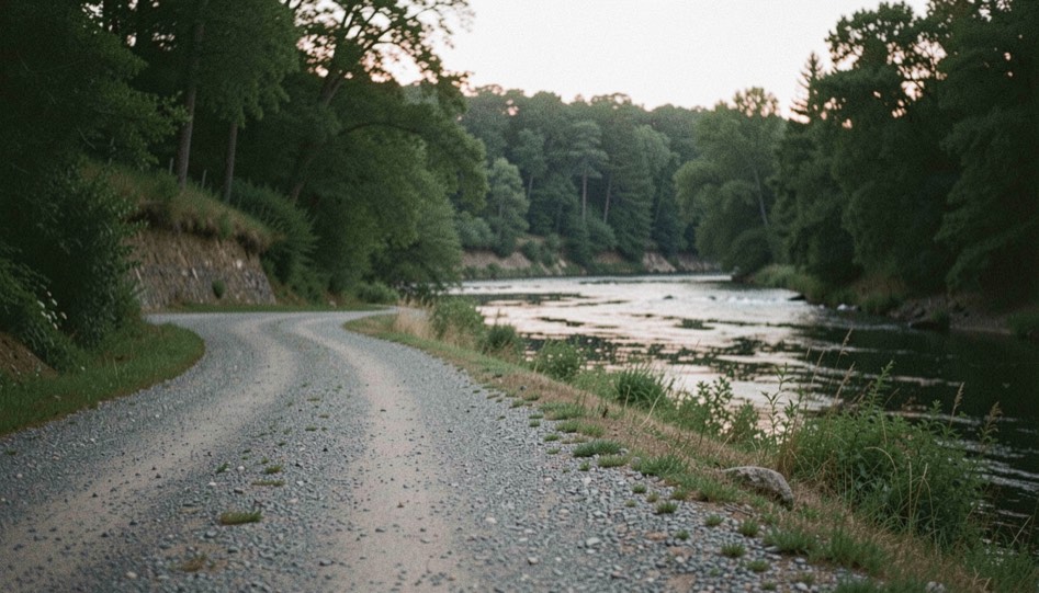 A quiet gravel access road leading toward a wooded river bend at low light, prepared for the river conservation field note
