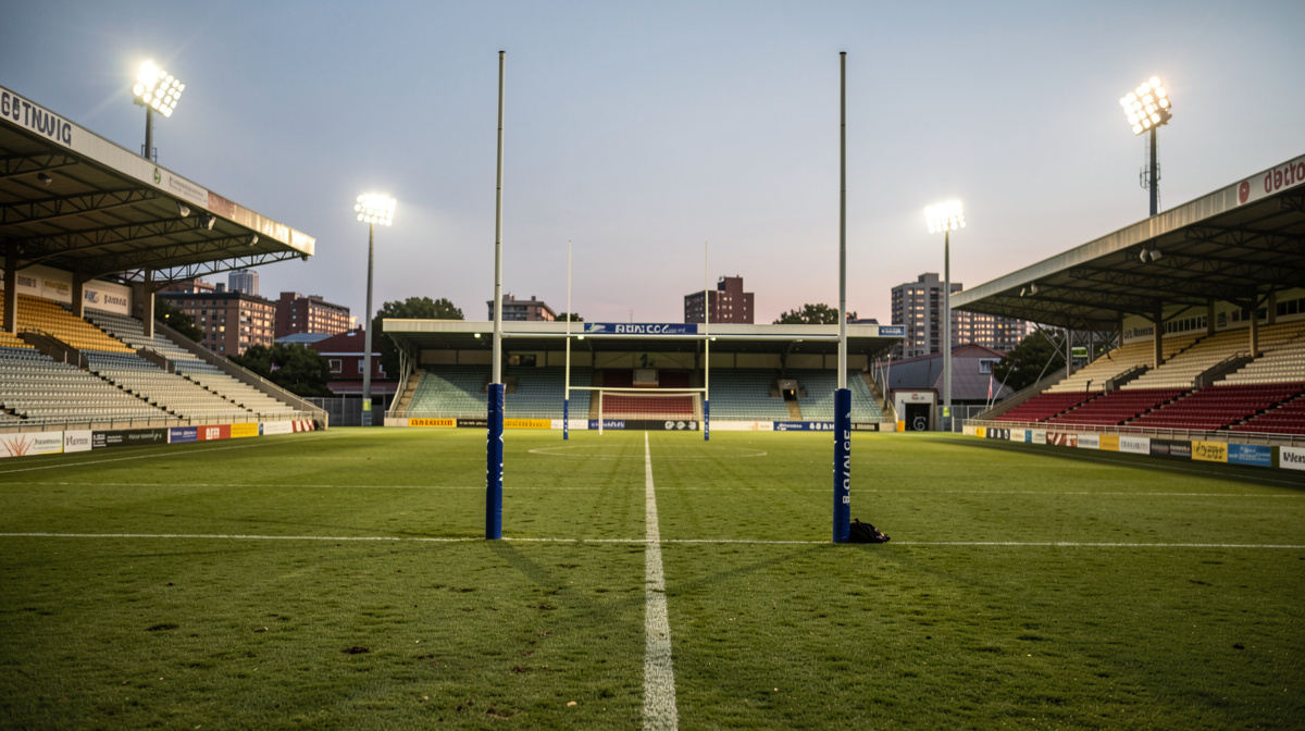 A rugby pitch in a city stadium at dusk, goalposts standing on the grass, four stands surrounding the field, floodlights beginning to glow, wide shot from the touchline.