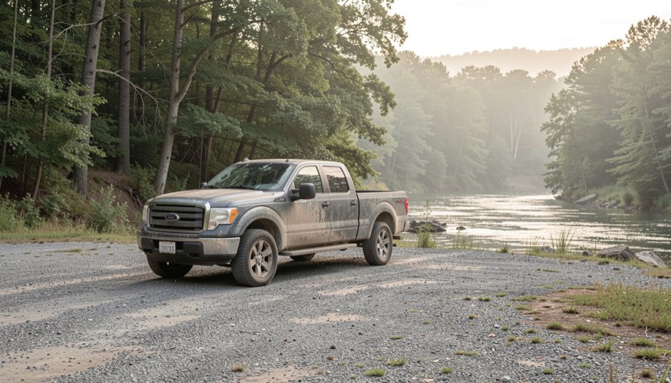 A dusty pickup truck parked alone at the edge of a gravel trailhead lot beside a wooded river access in early morning light
