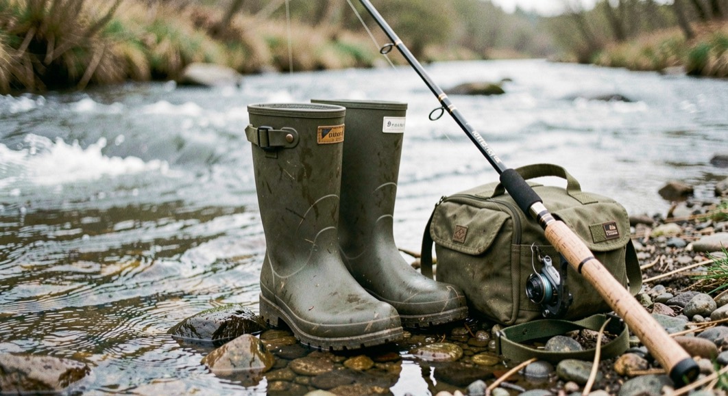 Wading boots, a rod tube, and a compact pack resting beside moving water, prepared for the trout fishing field note