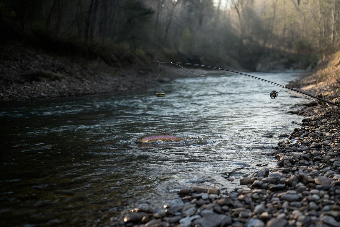 A quiet gravel access road leading toward a wooded river bend at low light, prepared for the trout fishing field note